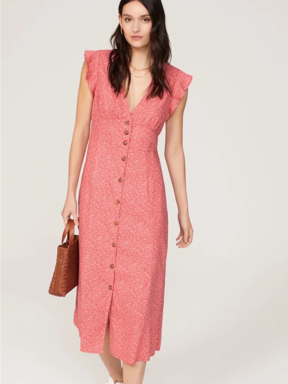 Marine Layer Camilla Floral Button-Up Coral Pink Summer Vacation Midi Dress Sm